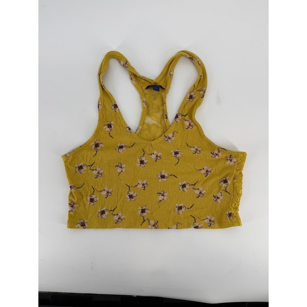 Aeropostale Vintage Mustard Yellow Floral Lace Racerback Ribbed Crop Tank L Boho